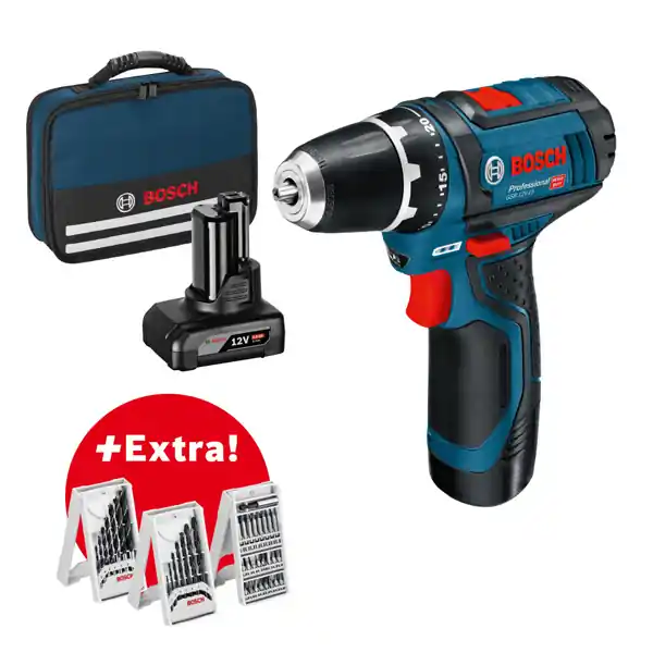 BOSCH Akku-Bohrschrauber GSR 12V-15, mit 1 x 2.0 Ah, 1 x 4.0 Ah, Zubehör-Set in Tasche Geprüft