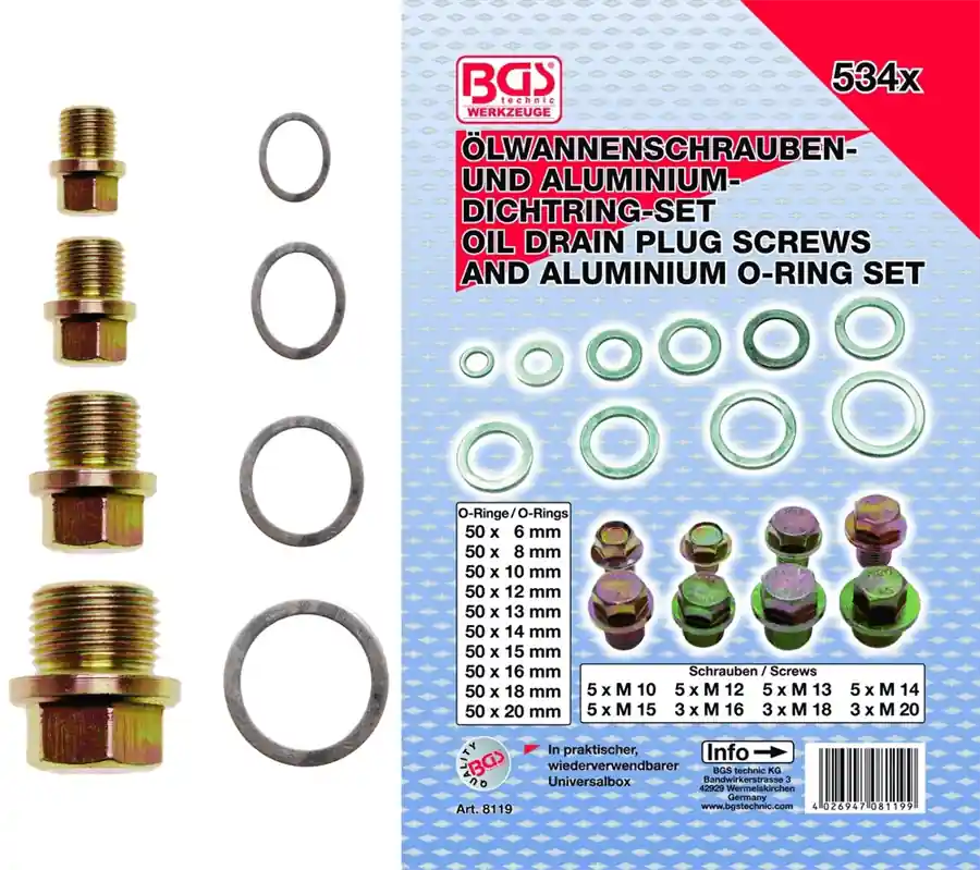 Neu Im Sortiment BGS Ölwannenschrauben- und Alu-Dichtring-Sortiment | 534-tlg. – 8119